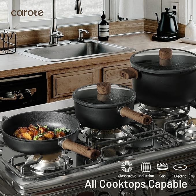 CAROTE 24Pcs Nonstick Kitchen Titanium Cookware Sets Non stick Pots and Pans set Induction Cookware Set Black