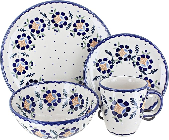 Blue Rose Polish Pottery - Yellow Sunflower 16 Piece Dinner Set - 4 Place Settings - Great for Everyday Dining Casual Dining or as Formal Dinnerware