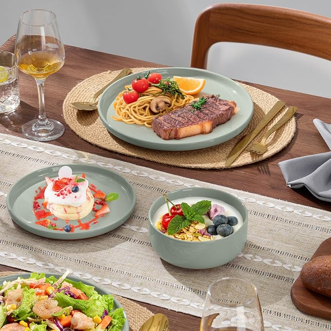 E-far 12-Piece Stoneware Dinnerware Sets Plates and Bowls Sets for 4 Ceramic Dishware Dishes Set with Terracotta Base Chip &amp Scratch Resistant Microwave &amp Dishwasher Safe Speckled Green