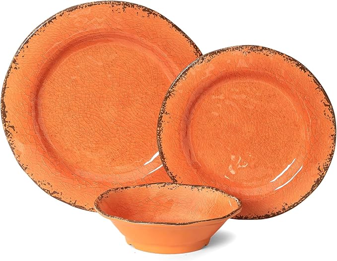 LEHAHA 12 Piece Crackle Lightweight Melamine Dinnerware Set-Service for 4 break-resistant and Durable Rustic Plates and Bowls Dishware Sets Perfect for Patio and Outdoor Activities
