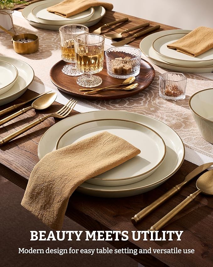 Famiware Saturn Plates and Bowls Dish Sets for 6 (18 Pieces) Stoneware Dinnerware Set with Hand-Painted Trim - Chip &amp Scratch Resistant Microwave &amp Dishwasher Safe Ceramic Dishes Vanilla Wh