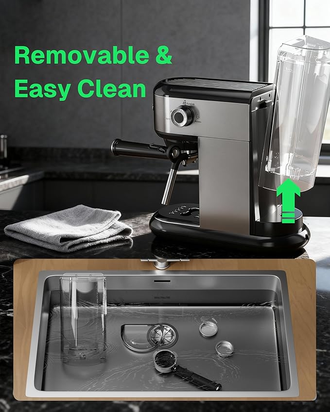 HBN 20 Bar Espresso Machine with Milk Frother Compact Espresso Maker for Ground Coffee Stainless Steel Coffee Machine with Steam Wand &amp 34oz Removable Water Tank 1450W for Home &amp Office