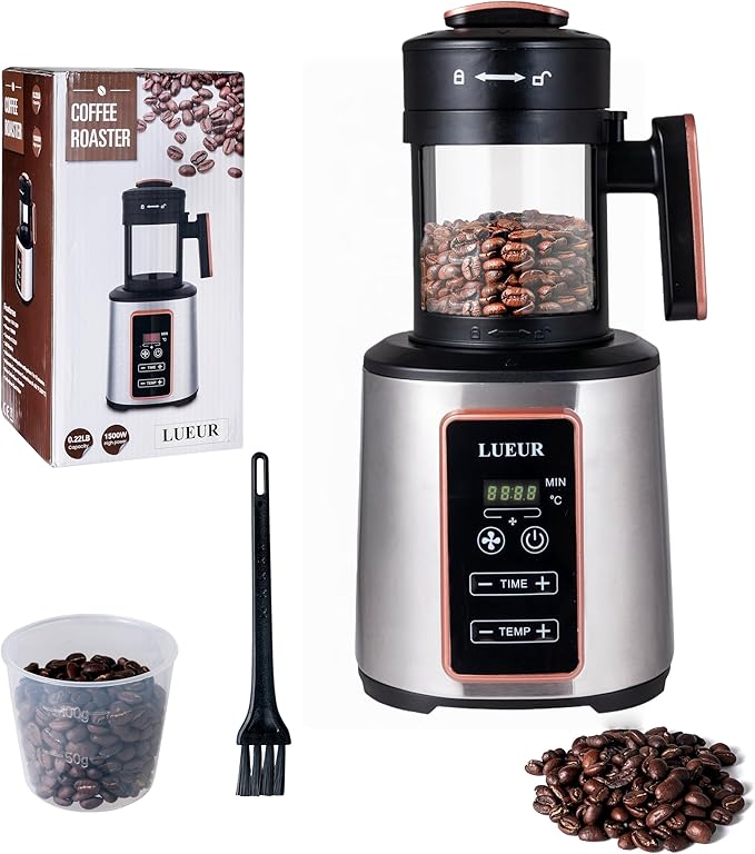 LUEUR Electric Coffee Bean Roaster Machine for Home Use 1500W Hot Air Coffee Roaster with Adjustable Timer Variable Heat &amp Air Fan Settings Chaff Collection Basket 100g Capacity