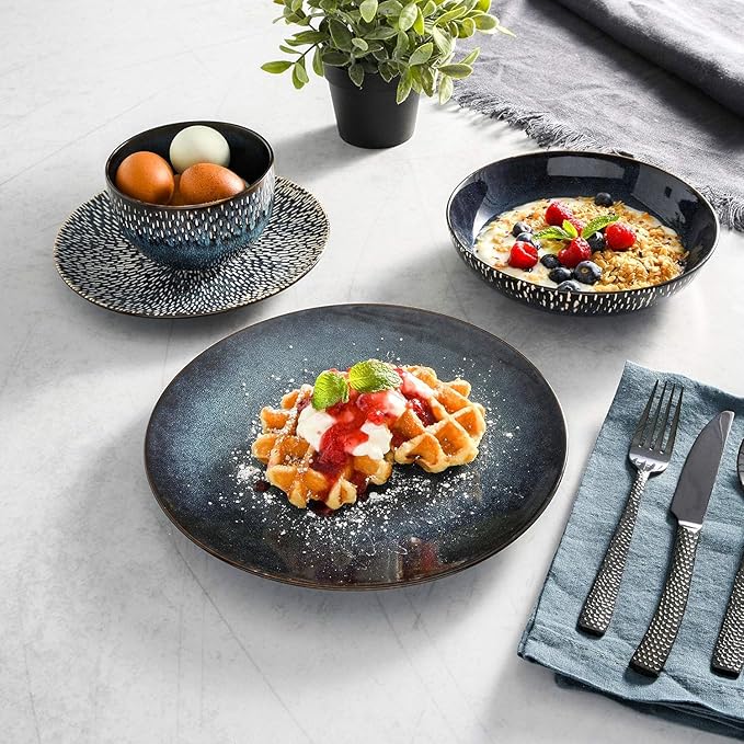 16-Piece Cobalt Blue Stoneware Dinnerware Set – Double Bowl Design with Reactive Glaze Dishwasher &amp Microwave Safe