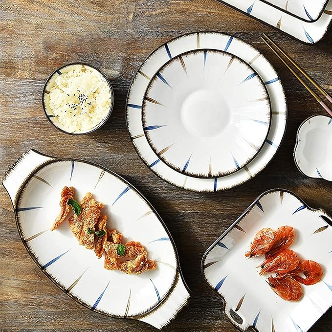 New Dinnerware Sets Ceramics Dinner Sets 31 Pieces -Style Dinnerware Set | Stripe Porcelain Cereal Bowl and Steak Plate for Restaurant and Family Gathering