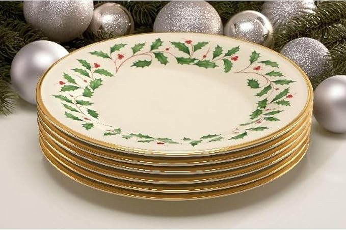 Lenox Holiday 6-Piece Dinner Plates Dinnerware Set Service For 6 Porcelain Dishwasher Safe Round Plates Set Holiday Red &amp Green Perfect for Gatherings Christmas Dinnerware (Ivory 6 Piece)
