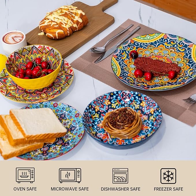 24 Pieces Dinnerware Sets Plates and Bowls Set Porcelain Dishes Set for 6 Microwave and Dishwasher Safe Scratch Resistant Bohemian Style Dishes Set Service for 6