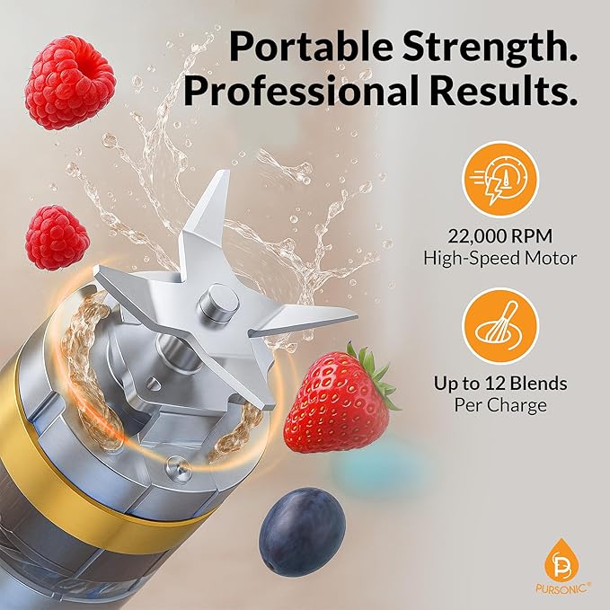 Pursonic Portable Juicer &amp Blender Cup – USB C Charging Mini Smoothie Blender with 50W Motor 12-Blade Power System 3 Speeds – Personal Juice &amp Smoothie Maker (15.2 oz)