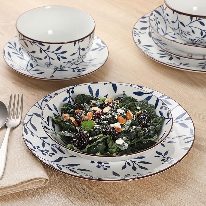 Gibson Home Palace Suite 16-Piece Dinnerware Set Blue Floral Stoneware Plates &amp Bowls Service for 4 Round Durable Everyday Dish Set