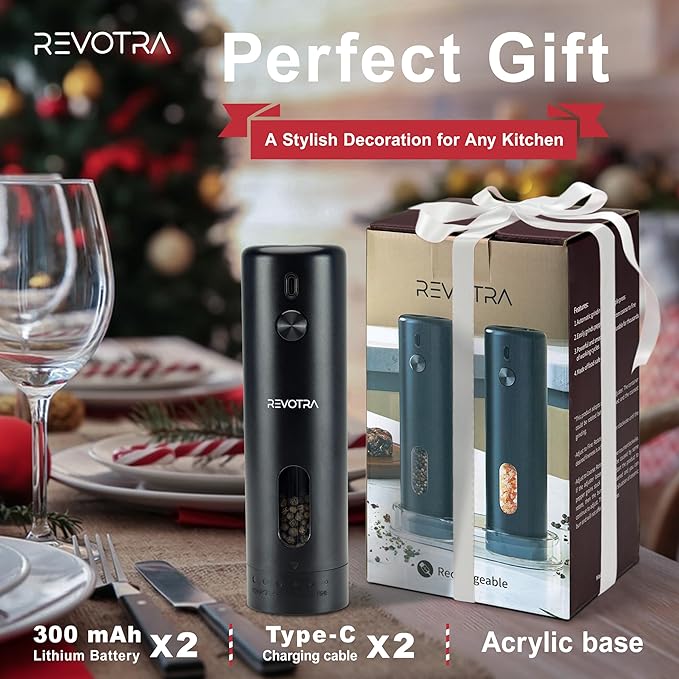 Electric Salt and Pepper Grinder Set Rechargeable Automatic Salt and Pepper Shakers with 6 Adjustable Coarseness Christmas Gift Larger Capacity LED Light One-Handed Operation 2 Packs