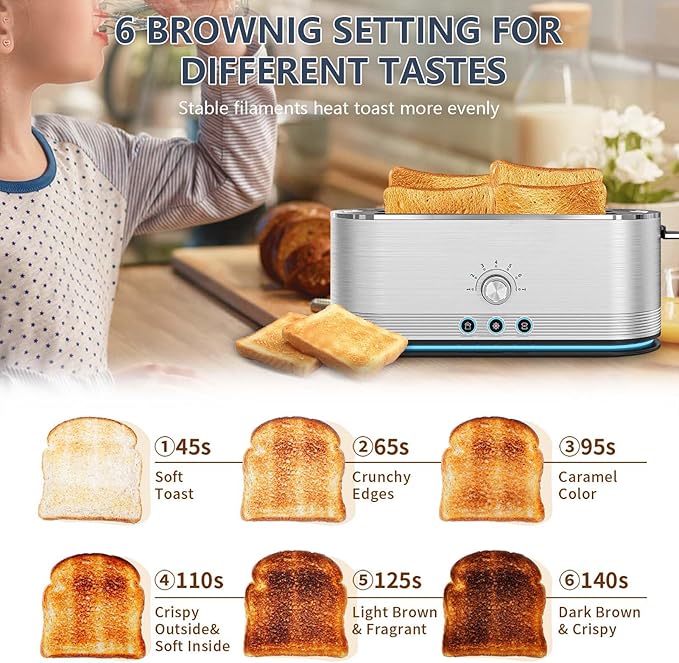 Long Slot Toaster 4 Slice Wide Slot Stainless Steel Toaster with 6 Browning Settings &amp Bagel Defrost/Reheat Functions Compact Kitchen Toasters with Removable Crumb Tray 1500W (Silver)