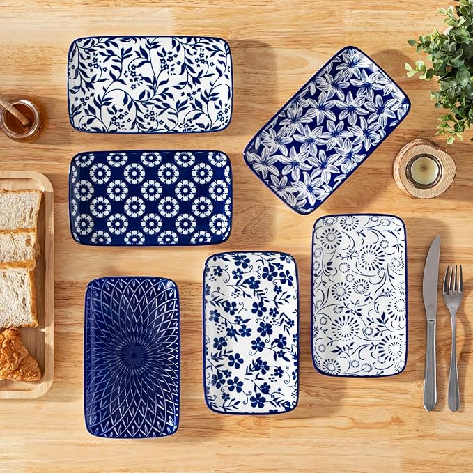 vancasso SELENE Plates and Bowls Set for 4 12 Pieces Dinnerware Sets 8.5 Inch Rectangular Salad Plates Set of 6 Ceramic Salad Plates for Sushi Dessert Appetizer