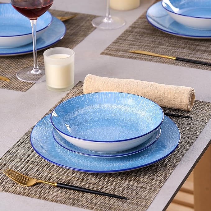 Bestone 12-Piece Round Porcelain Dinnerware Set Service for 4 Chip Resistant Plates and BowlsBlue Dishwasher &amp Microwave Safe for Home Daily Use