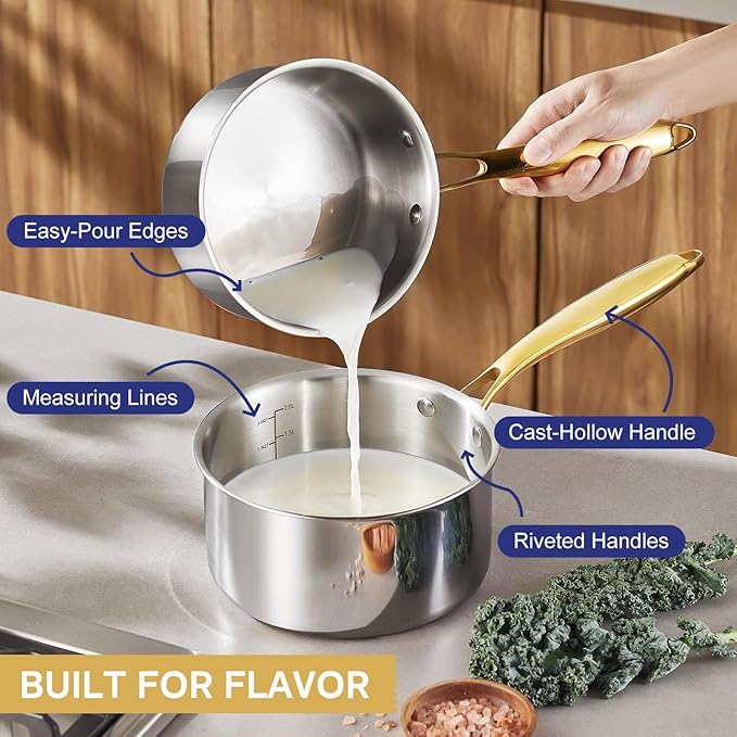Triple Ply Stainless Steel Pots and Pans Set EWFEN 12 Piece Induction Cookware Set Oven Dishwasher Safe | Frying Pans Saucepans Saute Pan &amp Stock Pot PFOA Free Kitchen Skillet Gold