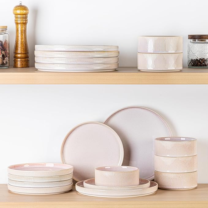 TheTerra Ceramic Dinnerware Sets for 4 12 Pieces Porcelain Lightweight Plates and Bowls Sets Scratch Resistant Dish Set Oven &amp Microwave &amp Dishwasher Safe Primrose Pink
