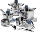 T-fal Essentials Stainless Steel Cookware Set 12 Piece Induction Compatible Oven Safe 350F Cooking Set w/Stewpots Stockpot Saucepan Lids &amp Tools Measuring Marks Dishwasher Safe Silver/Blu