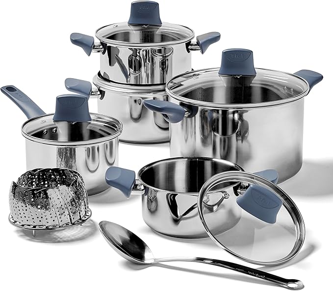 T-fal Essentials Stainless Steel Cookware Set 12 Piece Induction Compatible Oven Safe 350F Cooking Set w/Stewpots Stockpot Saucepan Lids &amp Tools Measuring Marks Dishwasher Safe Silver/Blu