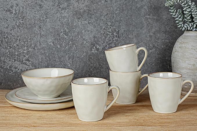 Famiware Ocean Round Plates and Bowls Sets for Kitchen 16-Piece Dinnerware Sets for 4 Mug Set for 4 Reactive Glaze Cappuccino White