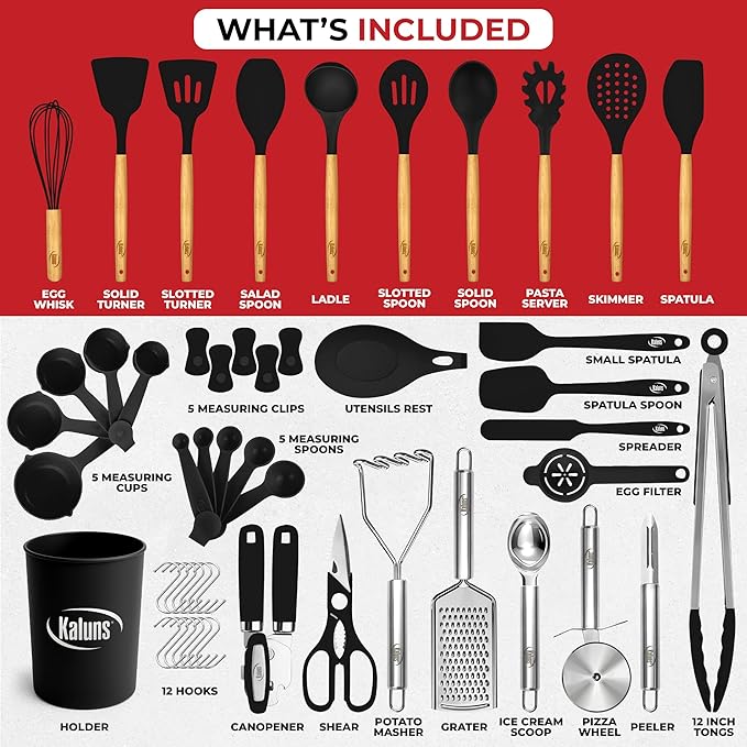 Kaluns 50 PCS Silicone Kitchen Utensils Set Complete Kitchen Set - 800°F Heat Resistant Non-Stick Premium Cooking Utensils W Wooden Handles - Can Opener Masher Turner Silicone Spatula Set