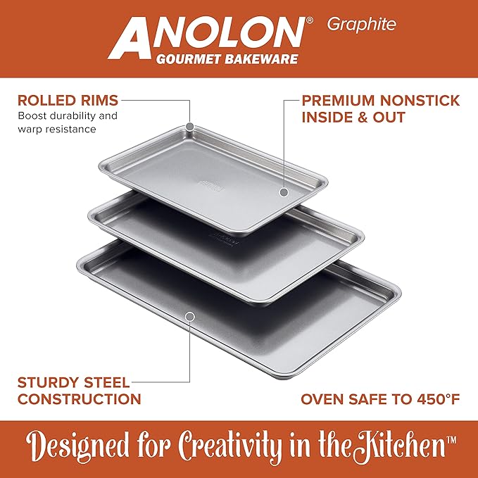 Anolon Accolade Forged Hard Anodized Nonstick Cookware Pots and Pans Set 12 Piece - Moonstone Gray + Anolon Gourmet Nonstick Bakeware Set with Nonstick Cookie Sheets / Baking Sheets - 3 Piece Graphi