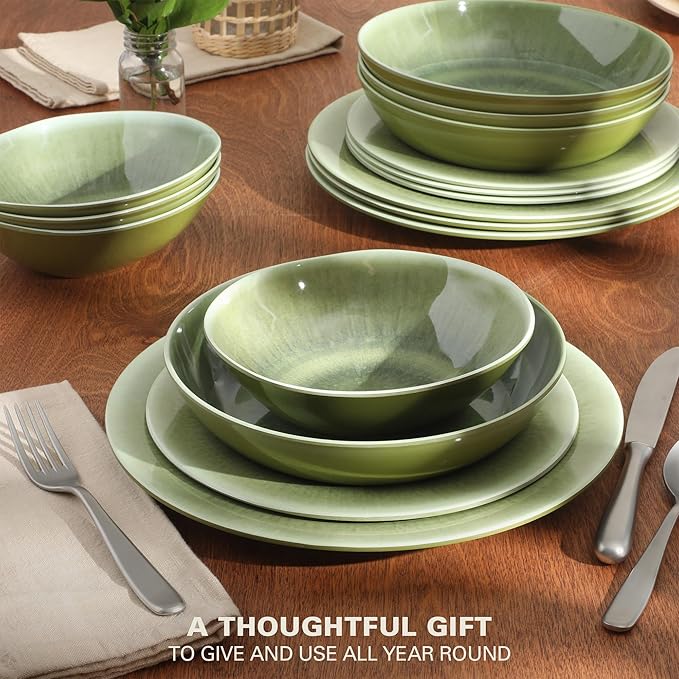 Gibson Home Casper Court 16-Piece Melamine Dinnerware Set – Green Reactive Glaze Look Plates and Bowls Service for 4 – Top Rack Dishwasher Safe Everyday Dining Set