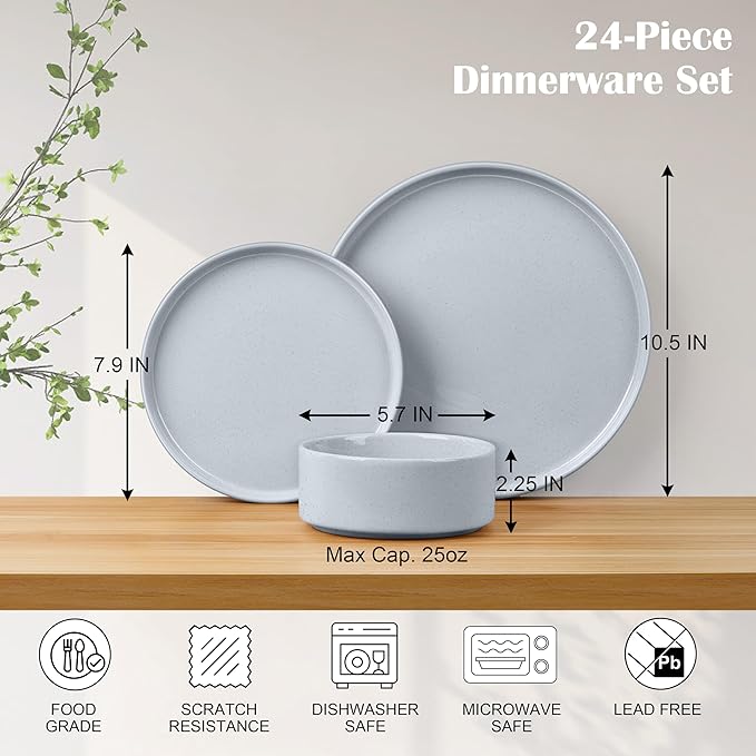 E-far Dinnerware Sets for 8 24-Piece Stoneware Plates and Bowls Dish Set Modern Kitchen Dinning Dishware Chip and Scratch Resistant Microwave &amp Dishwasher Safe Speckled Gray