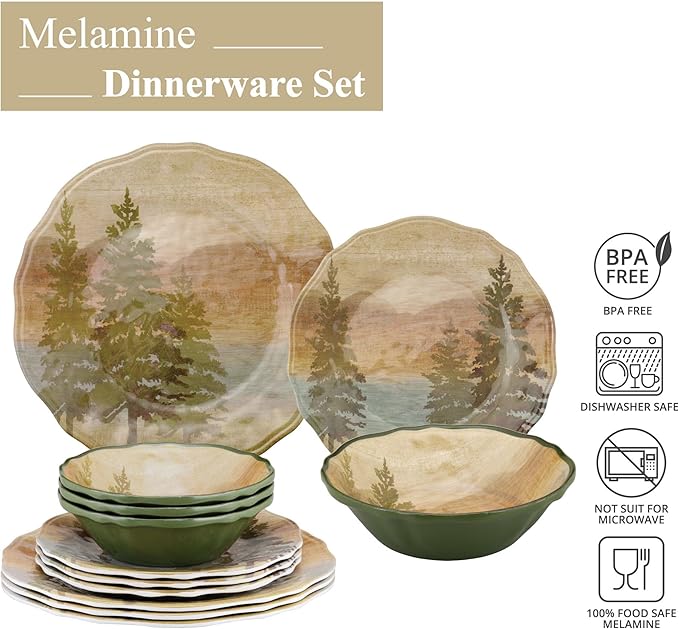 UPware 12 Piece Lakeside Pine Melamine Dinnerware Sets Outdoor Dishes Set Plates and Bowls Sets Service for 4 Beige