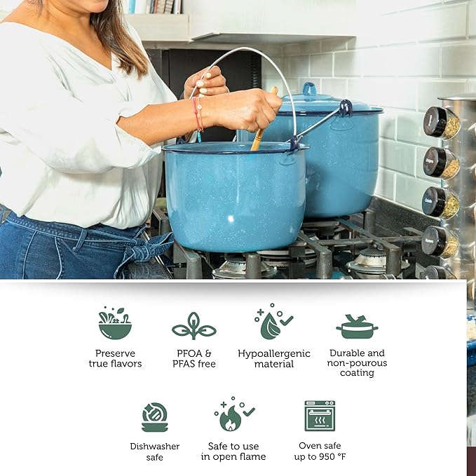 Cinsa 8-Piece Enameled Steel Stock Pots (14 &amp 8 QT) with Lids Turquoise Blue Cookware Set