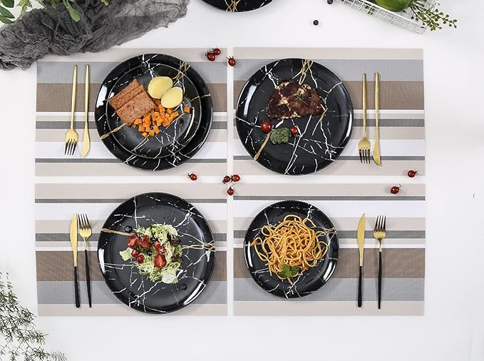 Melamine Dinnerware Set - 12pcs Plates and Bowls Sets Best for Indoor and Outdoor Party BPA-Free Dishwasher Safe Kitchen Dinner Set with Black Marble Pattern