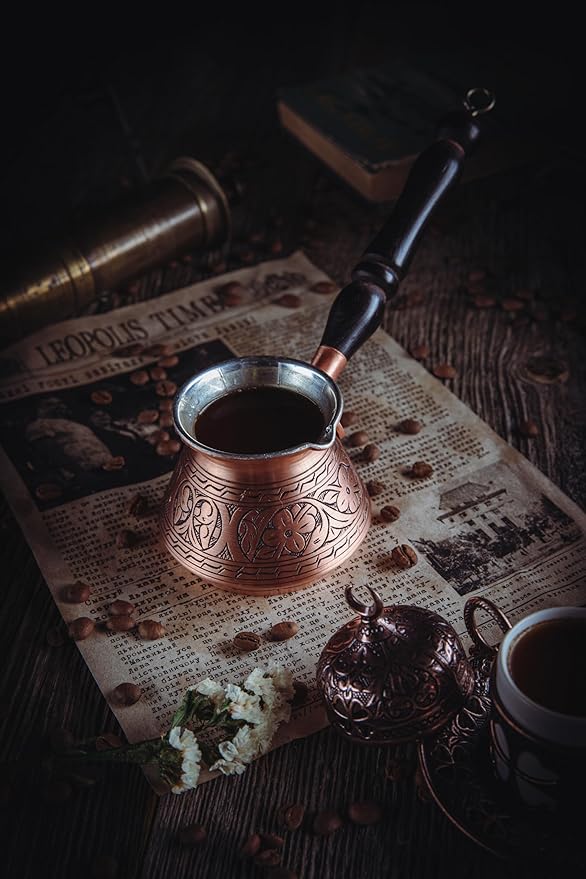 DEMMEX 15 Oz Thickest Copper Turkish Greek Arabic Coffee Pot Stovetop Coffee Maker Cezve Ibrik Briki with Wooden Handle &amp Spoon Hand Engraved (Matte Copper 6 Servings)