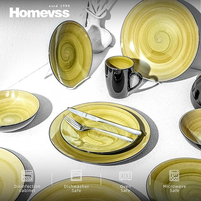 Sonoma 16 Piece Stoneware Dinner Set Outside Black + Inside Handpainted Color Green with Black speckle