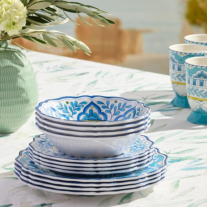 Porto 12 Pc. MELAMINE DINNERWARE SET SERVICE for 4 – artistically designed Talavera Tile Art Turquoise Blue Yellow Mandala