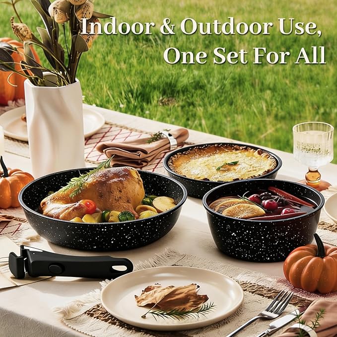 Pots and Pans Set - 25-Piece Non Stick Cookware Set Pots and Pans with Detachable Handles Includes Pans Pots Utensils Trivets for Hot Dishes Lids Space-Saving Cookware