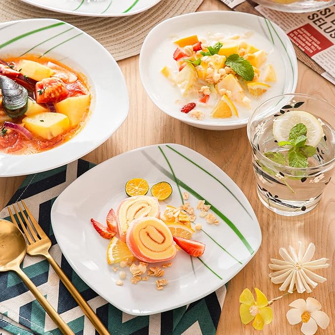 VEWEET Aviva 48-Piece Ceramic Ivory White Tableware Set with Green Stripe Patterns Includes Dinner Dessert Soup Plates for 12