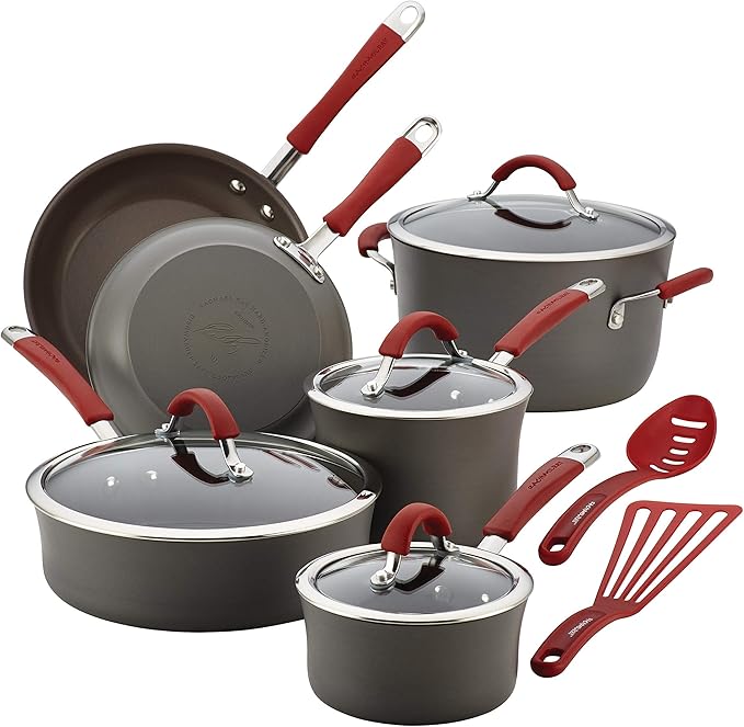 Rachael Ray - 87630 Rachael Ray Cucina Hard Anodized Nonstick Cookware Pots and Pans Set 12 Piece &amp KitchenTools and Gadgets Nylon Cooking Utensils / Spatula / Fish Turners - 2 Piece Red