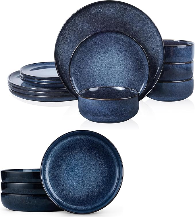 E-far Dinnerware Sets for 4 16-Piece Stoneware Plates and Bowls Set Reactive Glaze Dishes Dinning Ware Set Chip &amp Scratch Resistant Microwave &amp Dishwasher Safe - Deep Sea Blue