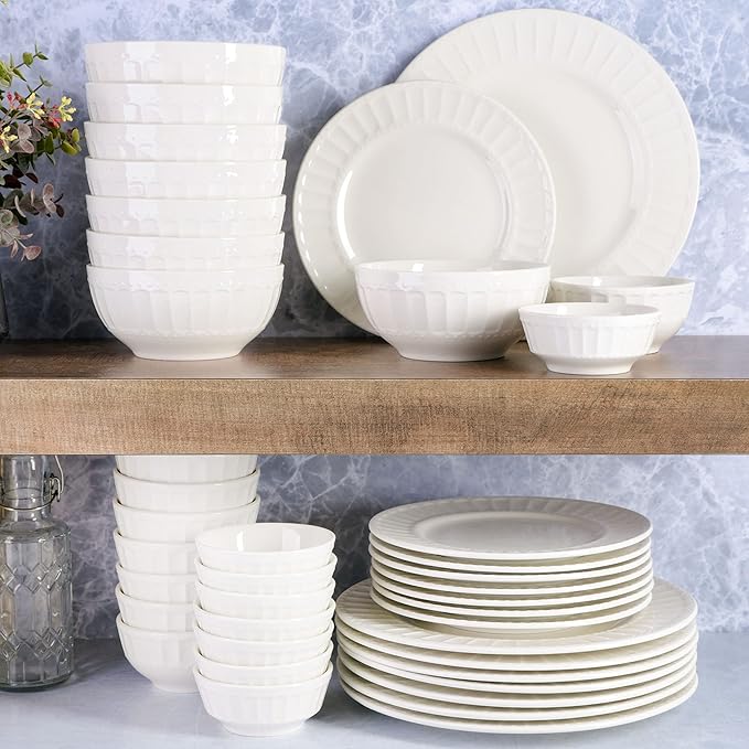 Gibson Home Zen Buffet Porcelain Ceramic Dinnerware Sets for 8 Plates and Bowls Set (40pcs) White Embossed Dishes
