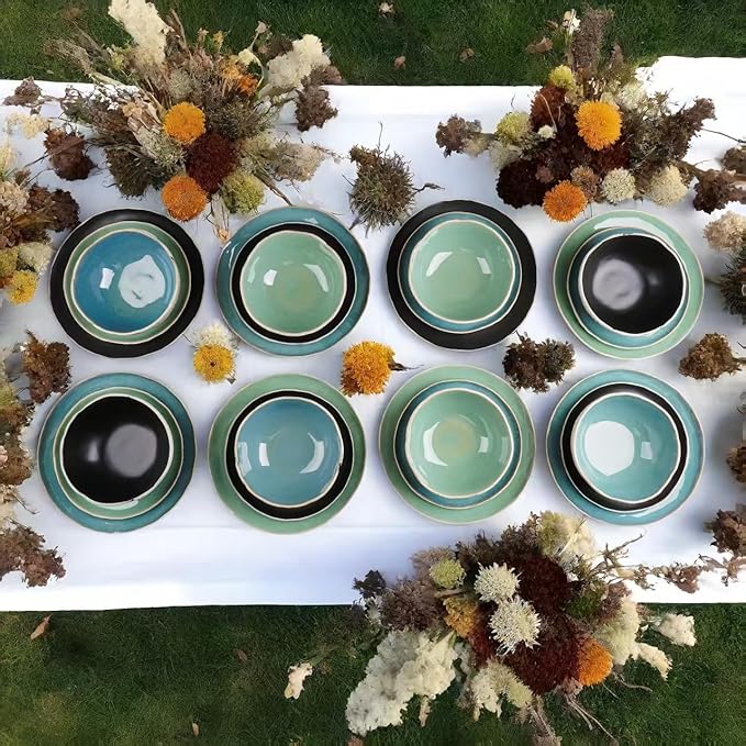 12pcs Dinnerware Set Service for 4 Handmade StonewareCeramic Dish Set Plates and Bowls set Dinner Set Reactive Glazed Microwave and Dishwasher Safe (GREEN)