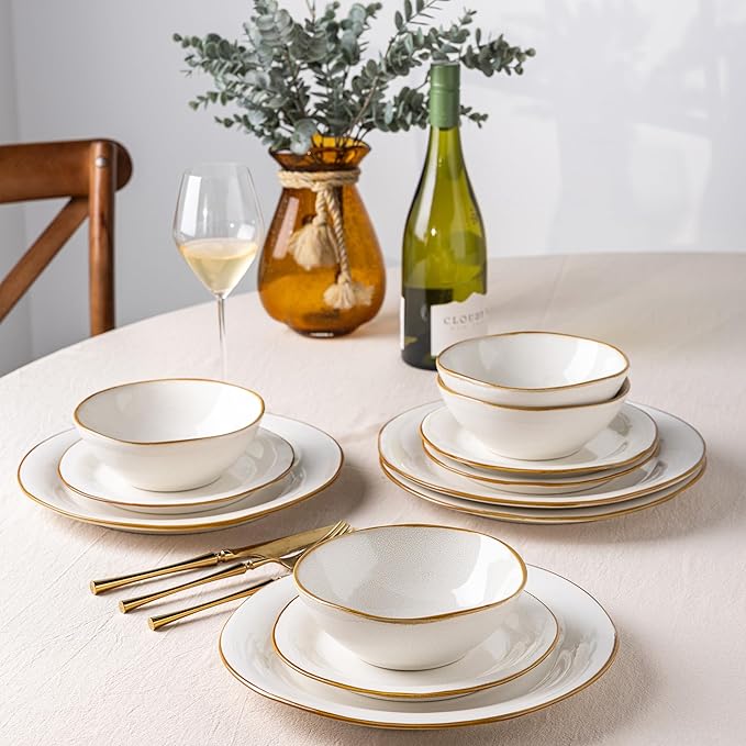 AmorArc Ceramic Dinnerware Sets Handmade Stoneware Reactive Glaze Plates and Bowls Set Scratch Resistant | Dishwasher &amp Microwave Safe Dishes Set Service for 4 (12pc)