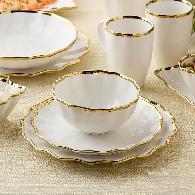 Regency Gold 16-Piece Dinnerware Set – Elegant Gold Rimmed Porcelain Plates Bowls &amp Mugs – Service for 4 – Sophisticated Dining Set for Everyday Meals Holiday Gatherings &amp Wedding Gifts