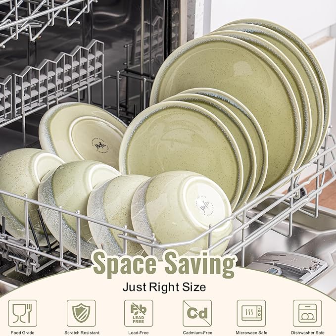Plates and Bowls Sets 12 Pieces Grass Green Dinnerware Sets for Kitchen Reactive Glaze Dishes Set for 4 Dishwasher and Microwave Safe Series Starflecked Shore (Grass Green)