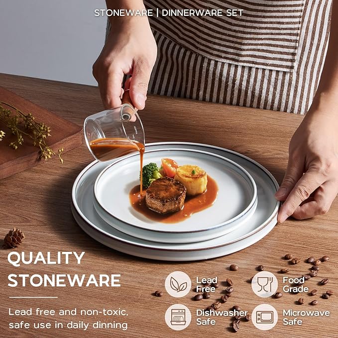 Onader Ceramic Dinnerware Sets for 6 Stoneware Plates and Bowls with Rustic Terracotta Bottom Elegant Kitchen Dinner Dish Set 18-Piece Dishware Tableware - Glacier White