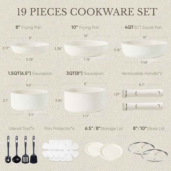 CAROTE 19pcs Pots and Pans Set Nonstick Cookware Set Detachable Handle Induction Kitchen Cookware Sets Non Stick with Removable Handle RV Cookware Set Oven Safe