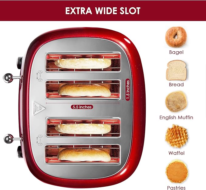 Roter Mond 4 Slice Toaster Retro Stainless Steel with Bagel Defrost Cancel Function 6 Browning Settings Extre Wide Slot and Removable Crumb Tray Red ST033