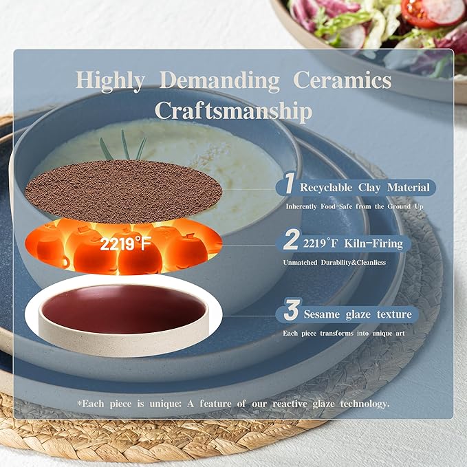 12 Pieces Dinnerware SetsPlates and Bowls SetsHandmade Reactive Glaze Dishes Set for 4 with at Least 10% Recycled Ceramic and the Raw Texture of the Clay (Reactive-Blue)