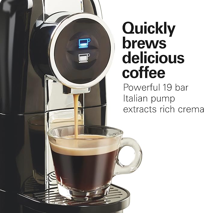 Hamilton Beach Espresso Machine Compatible with Nespresso Pods Single Serve Coffee Maker Powerful Italian 19 Bar Pump 22 oz. Water Reservoir Custom Cup Size Holds 13 Capsules Black (40726)