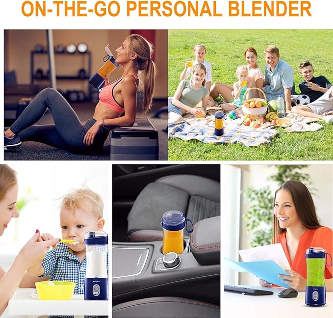 Portable Blender Vaeqozva USB Rechargeable Smoothie on the Go Blender Cup with Straws Protein Shakes Fruit Mini Mixer for Home Sport Office Camping - Navy Blue