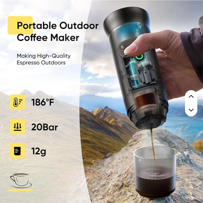 Portable Espresso Maker – Self-Heating USB-C Rechargeable Travel Coffee Maker for Car Camping Office Hiking portable coffee maker With Ground Coffee &amp NS Capsule (Black)