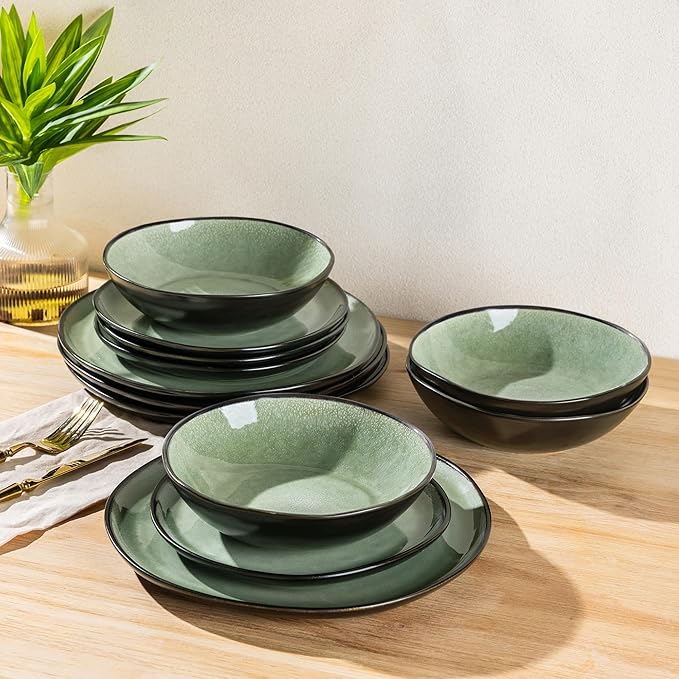 AmorArc Ceramic Dinnerware SetsHandmade Reactive Glaze Stoneware Plates and Bowls SetsHighly Scratch Resistant | Dishwasher &amp Microwave Safe Dishes SetService for 4 (12pc)