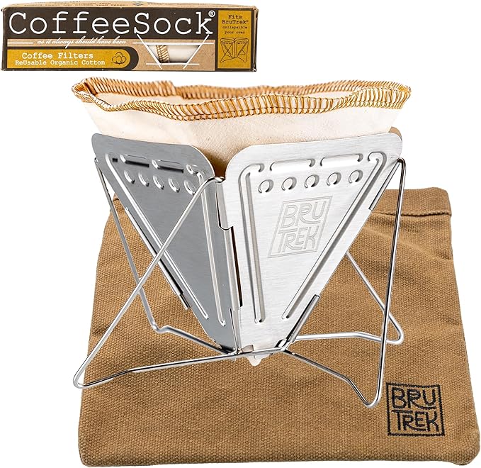 Planetary Design BruTrek Collapsible Pour Over Camping Coffee Maker - Stainless Steel Pour Over Reusable Cotton CoffeeSock Filters Canvas Carrying Bag Compact Lightweight Design